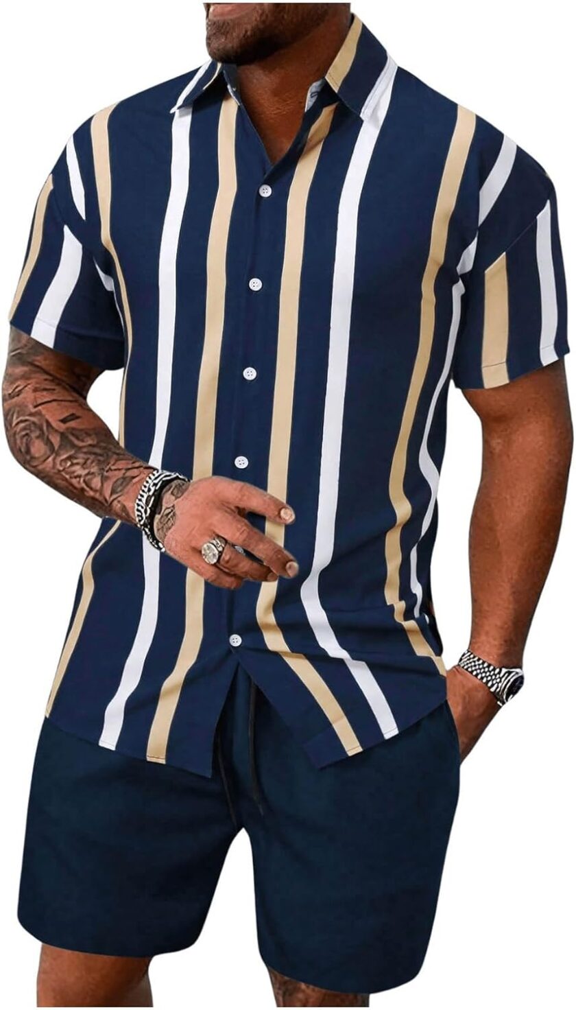 Men's 2 Piece Striped Outfit Short Sleeve Button Down Shirt Drawstring Waist Shorts Set