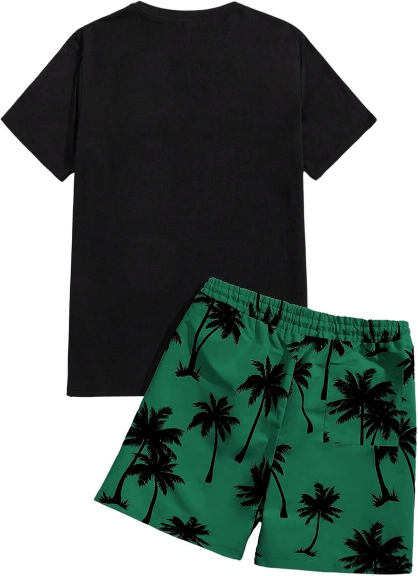 Men's 2 Piece Outfits Letter Graphic Print Short Sleeve Tee and Drawstring Waist Shorts Set - Image 2