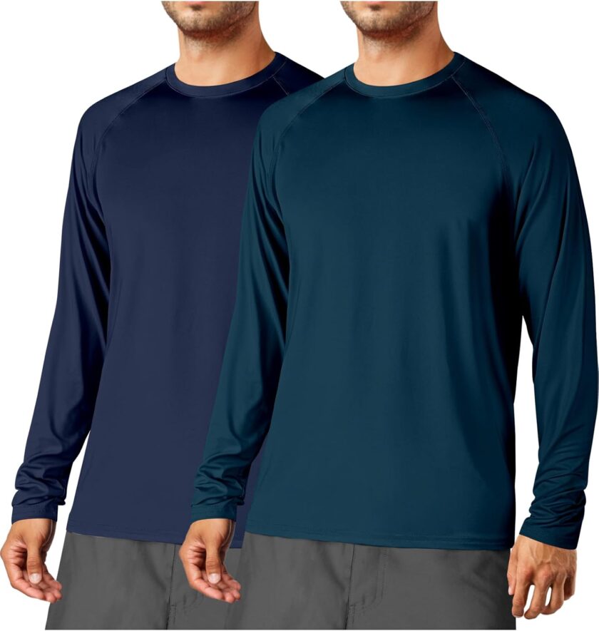 2Pack Men's Sun Shirts Long Sleeve Rash  UPF 50+ UV SPF Fishing Running Swim Shirts Lightweight Quick Dry