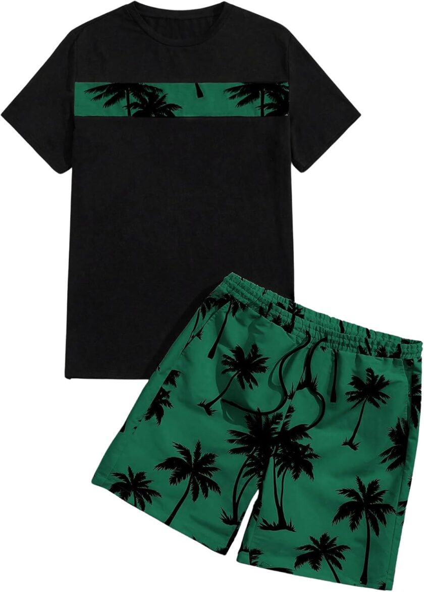 Men's 2 Piece Outfits Letter Graphic Print Short Sleeve Tee and Drawstring Waist Shorts Set