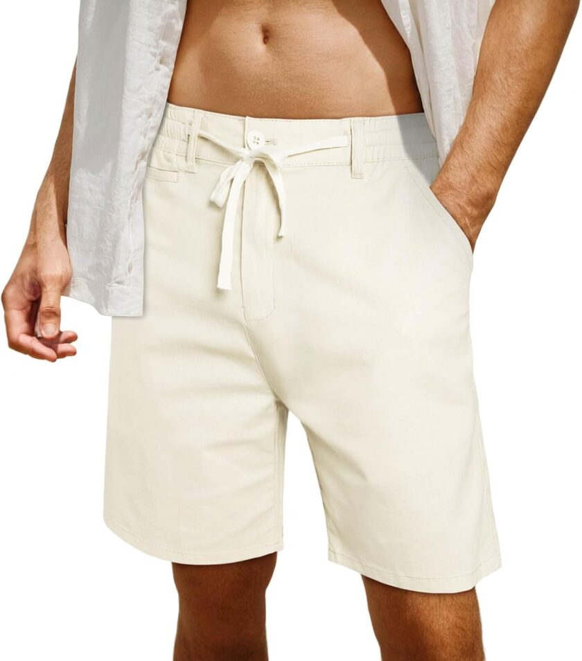 Mens Cotton Linen Shorts Casual 7 Inch Inseam Stretch Summer Shorts for Men Lounge Beach Vacation