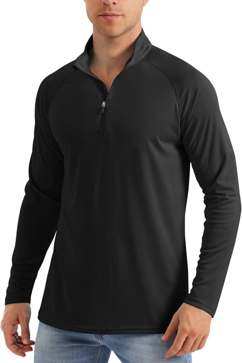 Men's Long Sleeve Sun Shirts UPF 50+ Tees 1/4 Zip Up Fishing Running Rash  T-Shirts Outdoor Shirt