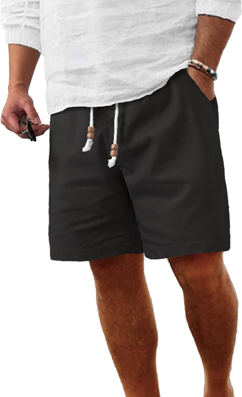 Men's Linen Shorts Casual Elastic Waist Drawstring Summer Beach Vacation Yoga Golf Shorts with Pockets