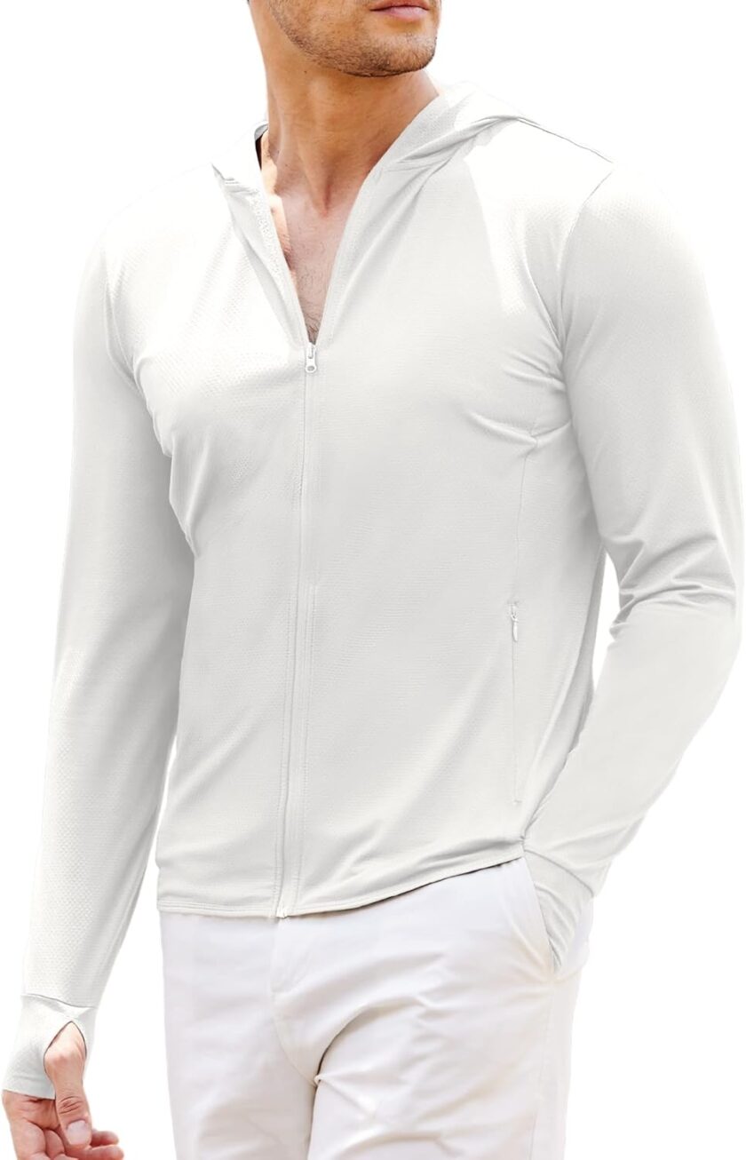 Men's Full Zip UPF 50+ Light Jacket Hooded Sun Protection Cooling Long Sleeve Shirts with Pockets