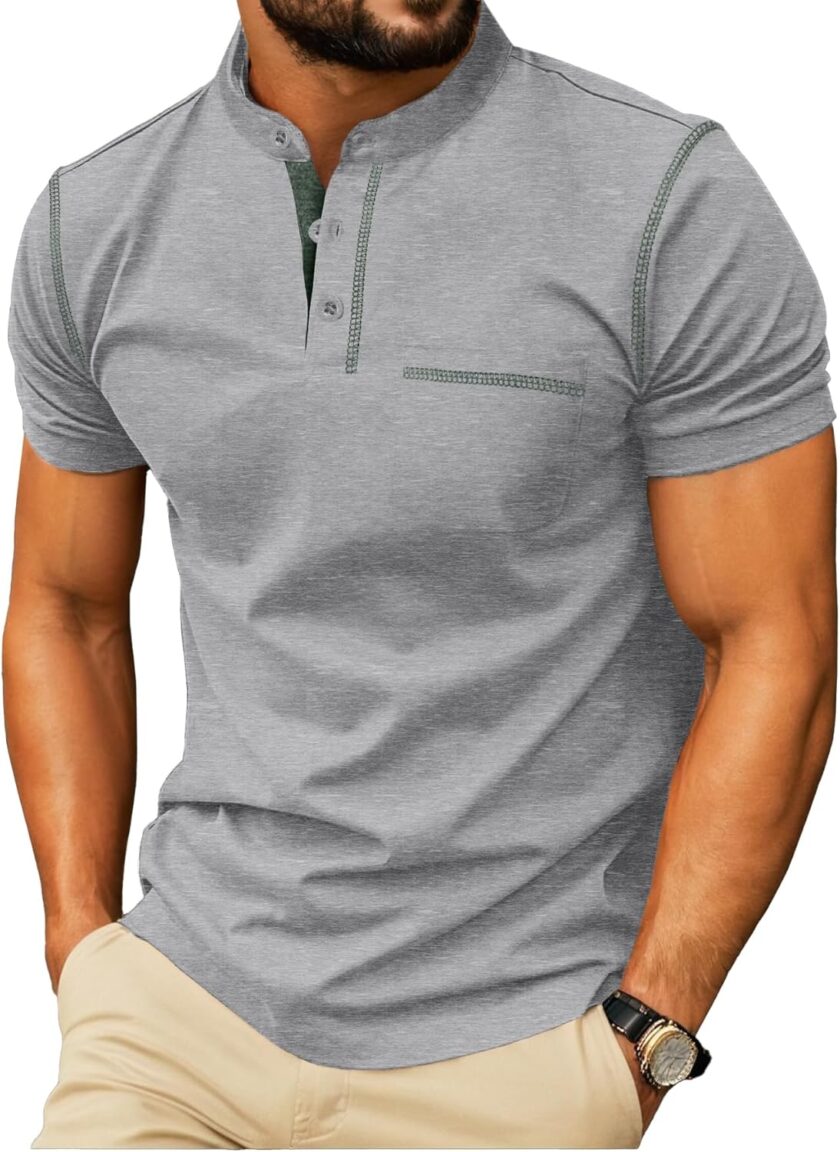 Mens Henley Shirts Short Sleeve Summer Casual Classic Cotton T Shirts Pocket Button Shirt