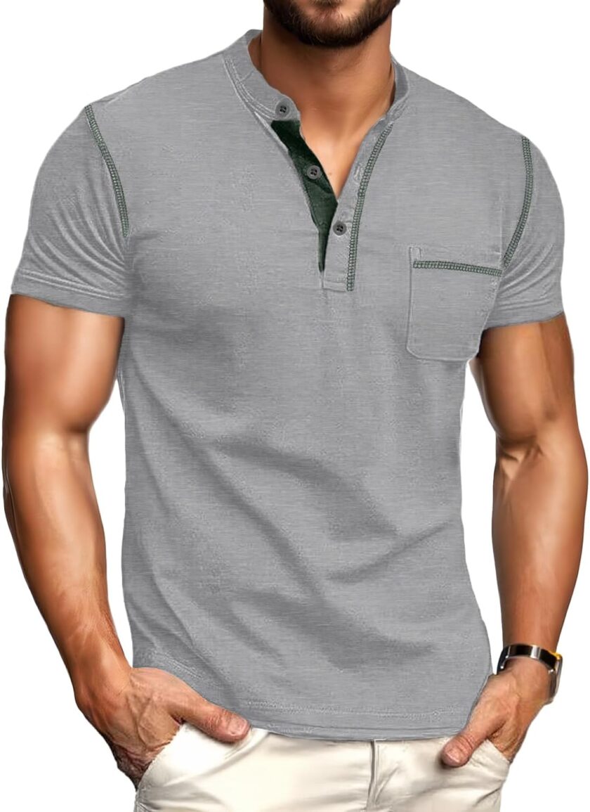 Mens Henley Shirts Short Sleeve Summer Casual Classic Cotton T Shirts Pocket Button Shirt - Image 2