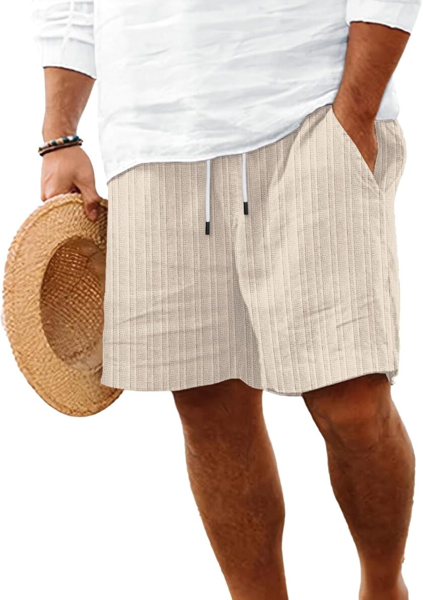 Mens Linen Shorts Flat Front Casual Elastic Waist Drawstring Summer Beach Vacation Shorts with Pocket