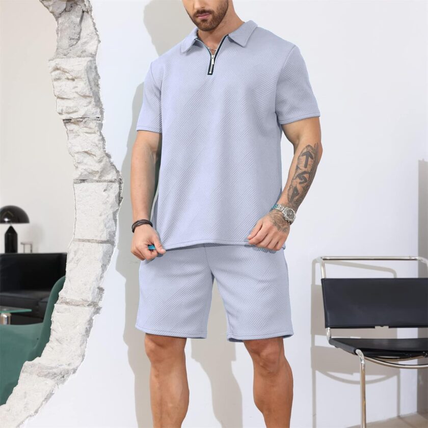 Mens 2 Piece Zip Tracksuit Polo Shirt and Shorts Sets Short Sleeve Summer Casual Outfit - Image 2