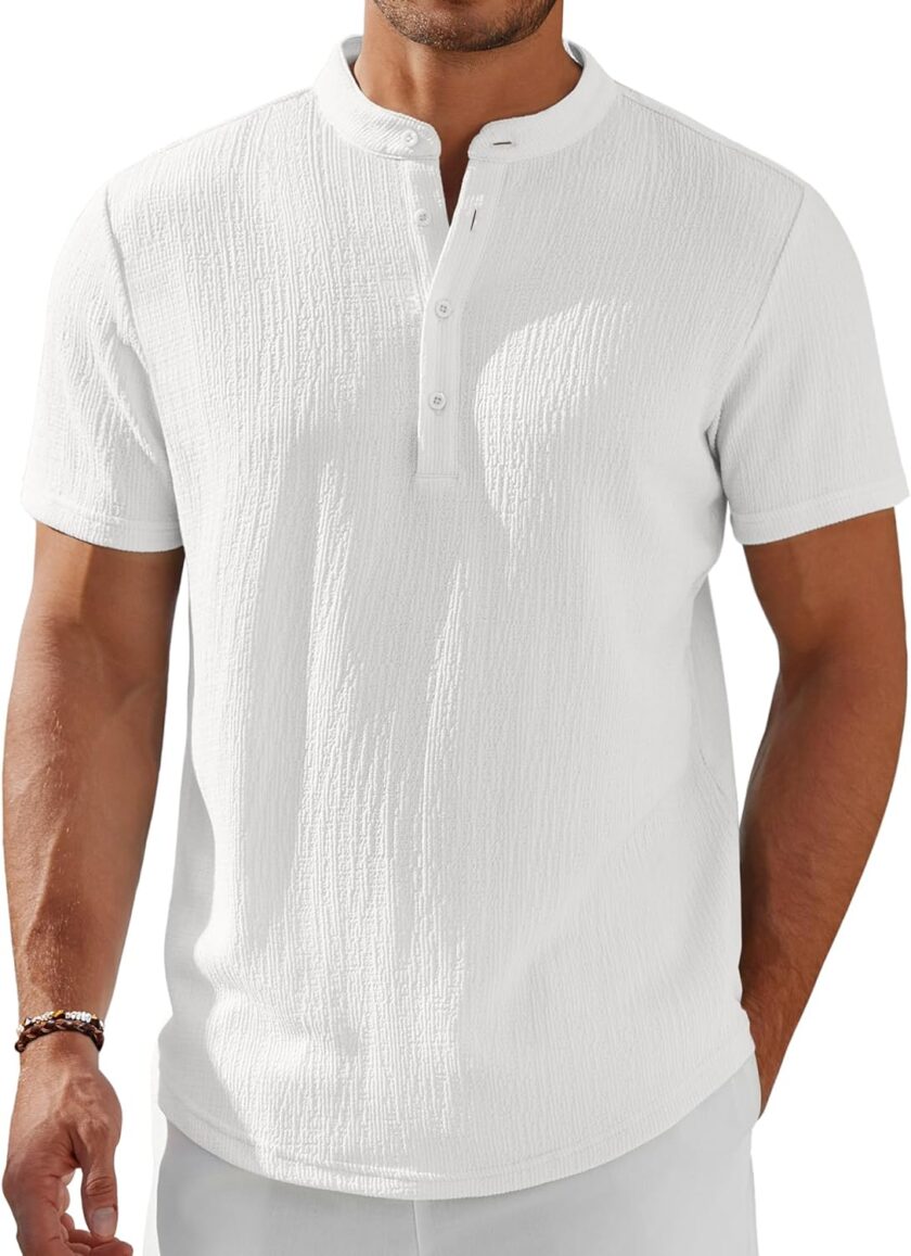 Men's Henley Shirt Short Sleeve Stand Collar Summer Casual Beach Hippie T-Shirts