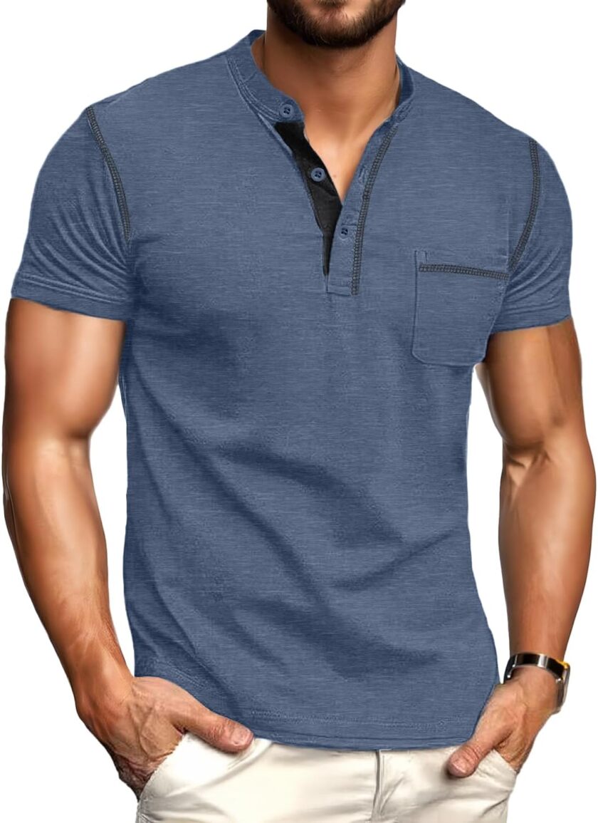 Mens Henley Shirts Short Sleeve Summer Casual Classic Cotton T Shirts Pocket Button Shirt - Image 2