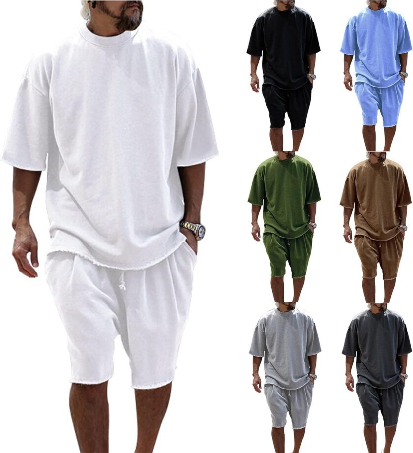 Mens Casual 2 Piece Outfits Crew Neck Short Sleeve T Shirts and Shorts Tracksuit Set Summer Jogging Sweatpants Set - Image 2