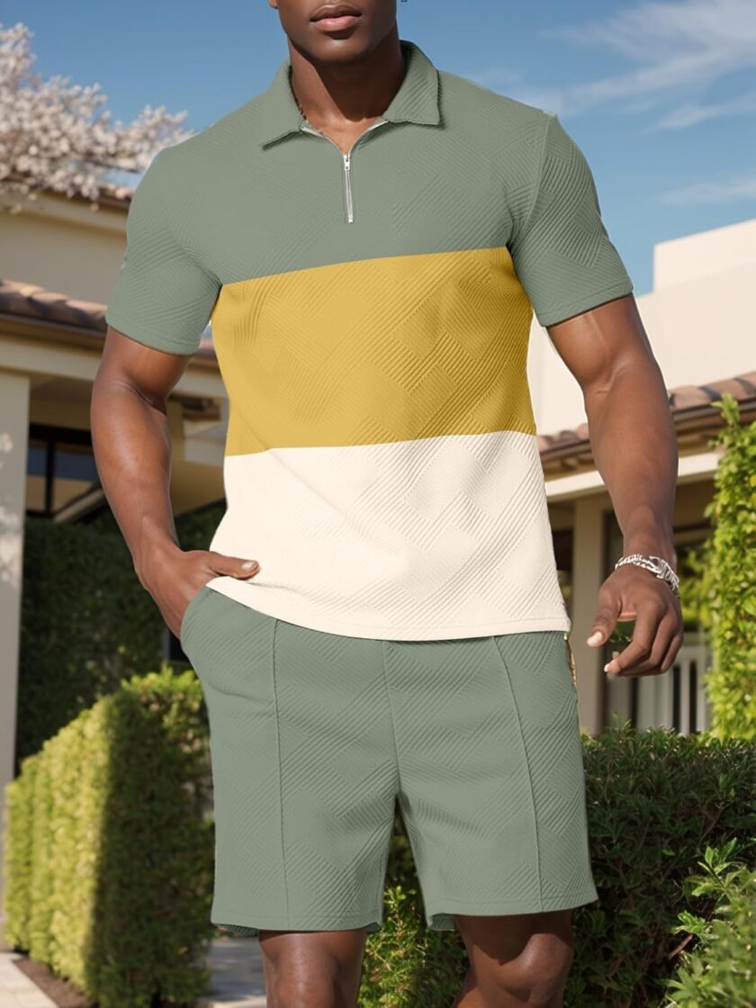 Mens Track Suits 2 Piece Sets Short Sleeve Sweatsuit Outfits 1/4 Zip Golf Polo Shirts Summer Shorts Loungewear - Image 2