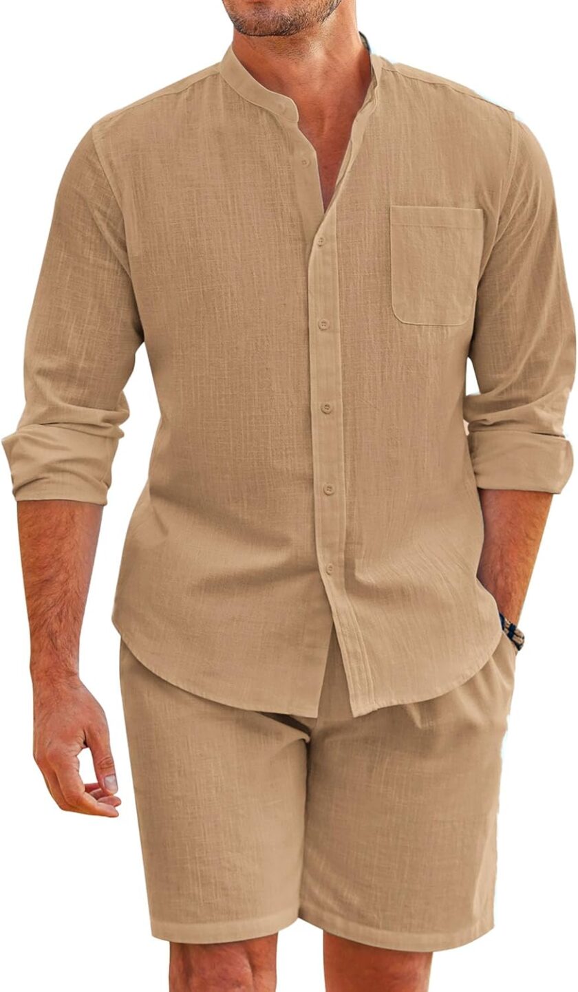 Linen Sets For Men 2 Piece Button Down Shirt Long Sleeve and Casual Beach Drawstring Waist Shorts Summer Outfits