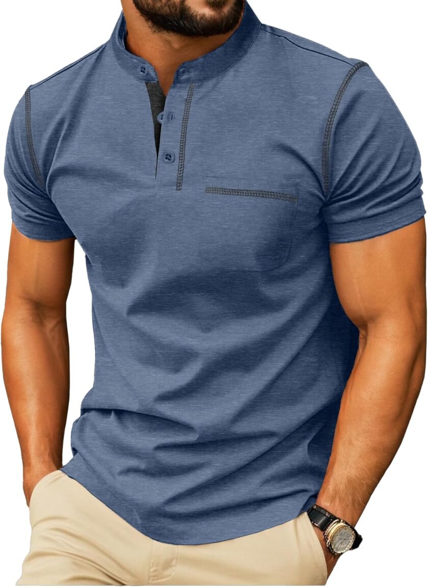 Mens Henley Shirts Short Sleeve Summer Casual Classic Cotton T Shirts Pocket Button Shirt