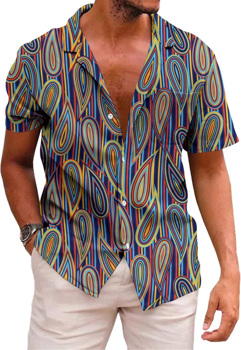 Hawaiian Shirt for Men Short Sleeve Button Down Summer Clothing Vacation Beach Shirts Stripe with Pockets