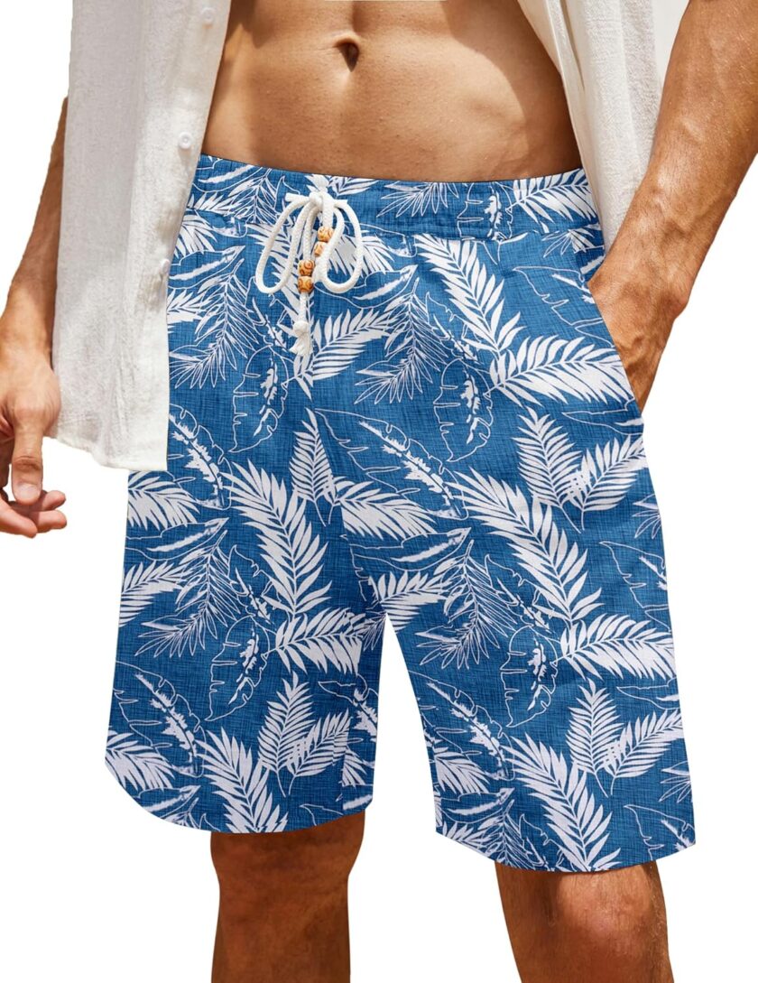 Men's Linen Shorts Casual Elastic Waist Drawstring Summer Beach Shorts