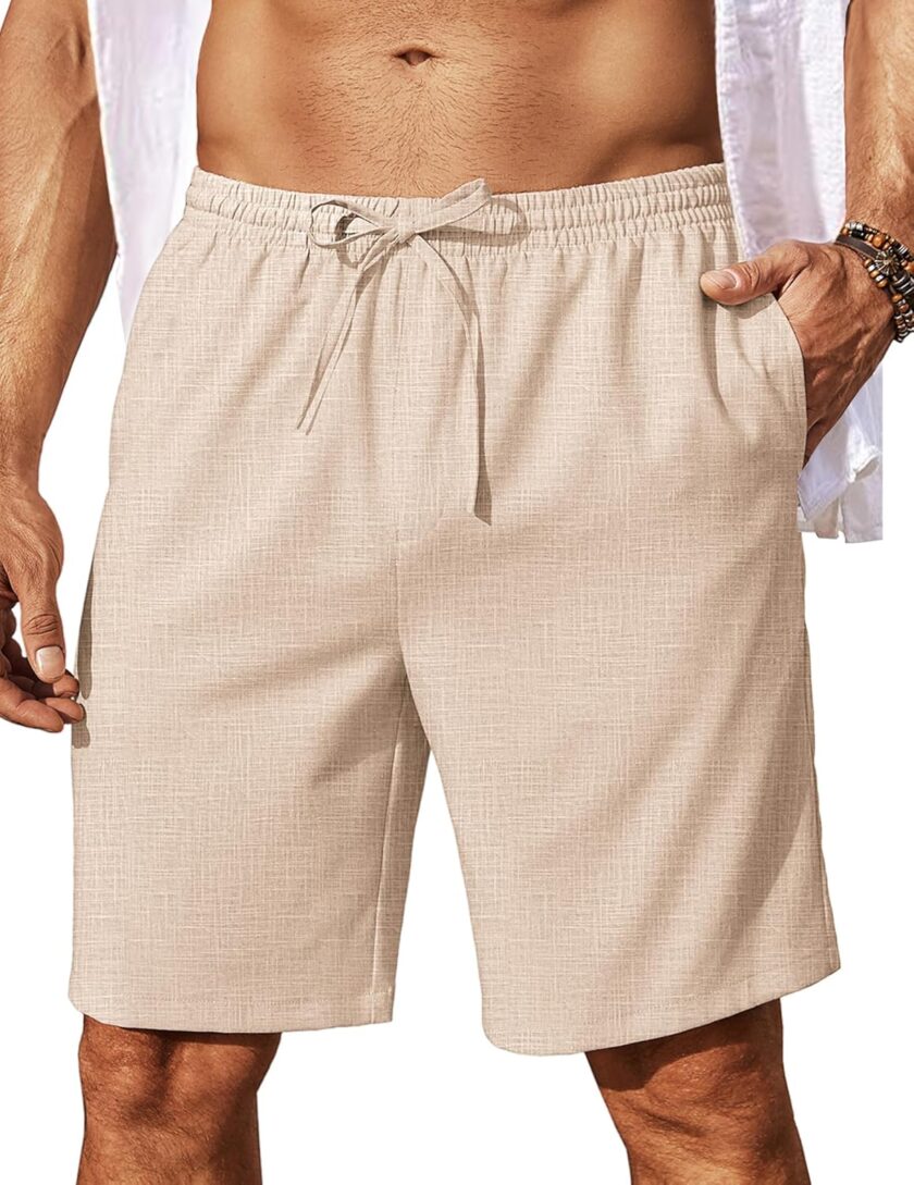 Mens Linen Shorts 9" Elastic Waist Drawstring Casual Shorts Lightweight Summer Beach Shorts