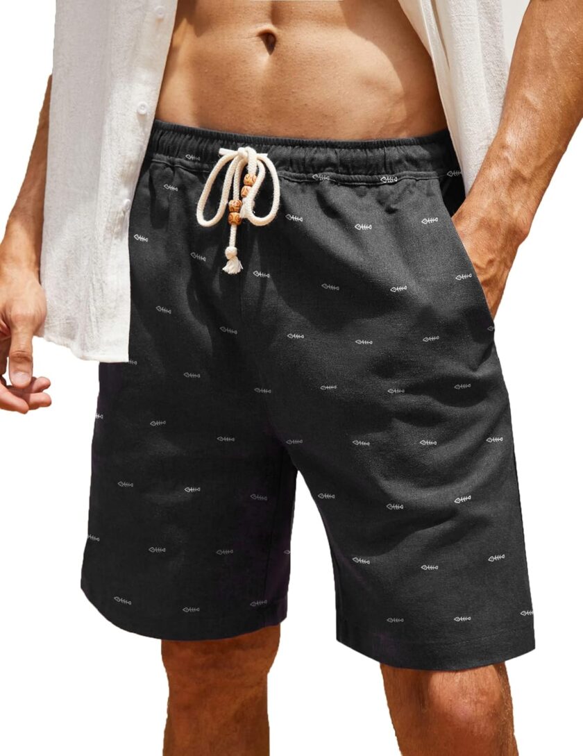 Men's Linen Shorts Casual Elastic Waist Drawstring Summer Beach Shorts