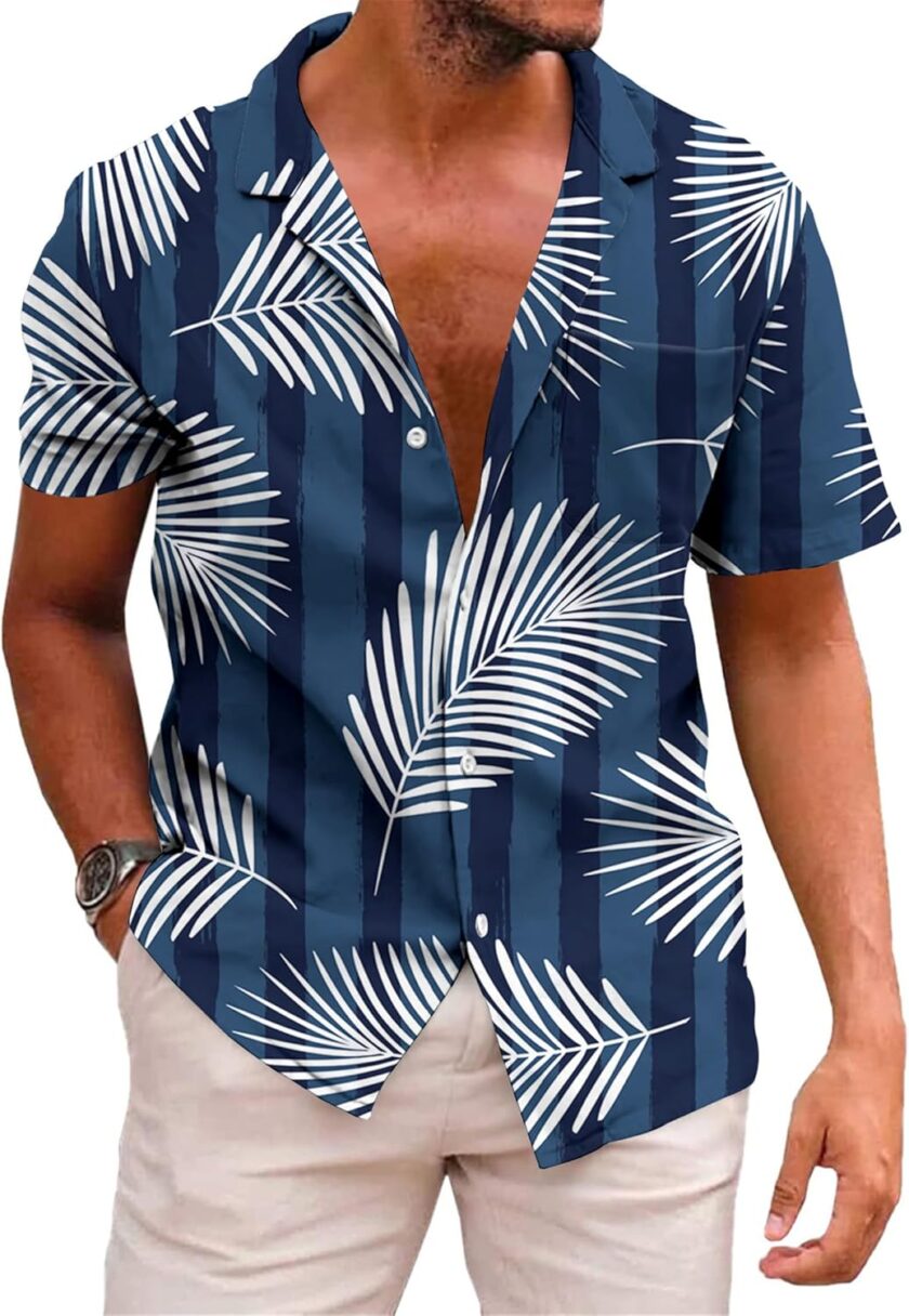 Hawaiian Shirt for Men Short Sleeve Button Down Summer Clothing Vacation Beach Shirts Stripe with Pockets
