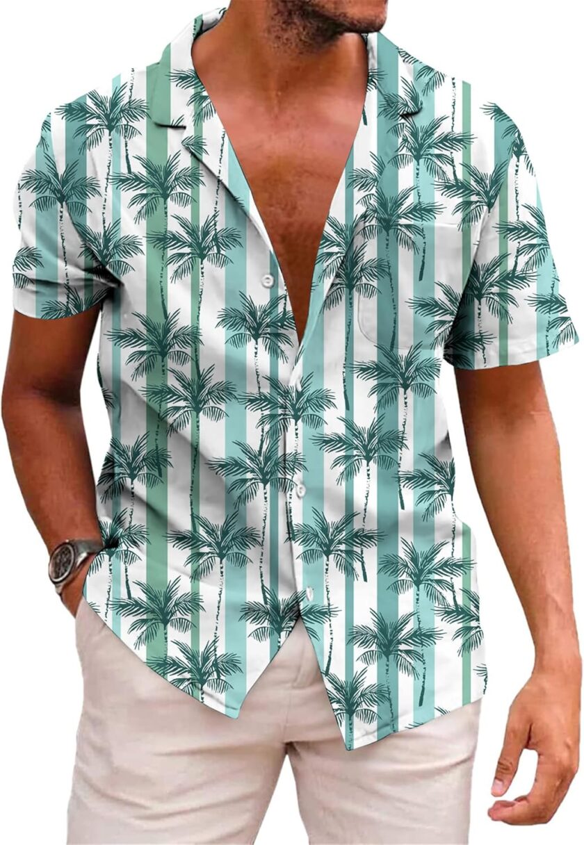 Hawaiian Shirt for Men Short Sleeve Button Down Summer Clothing Vacation Beach Shirts Stripe with Pockets
