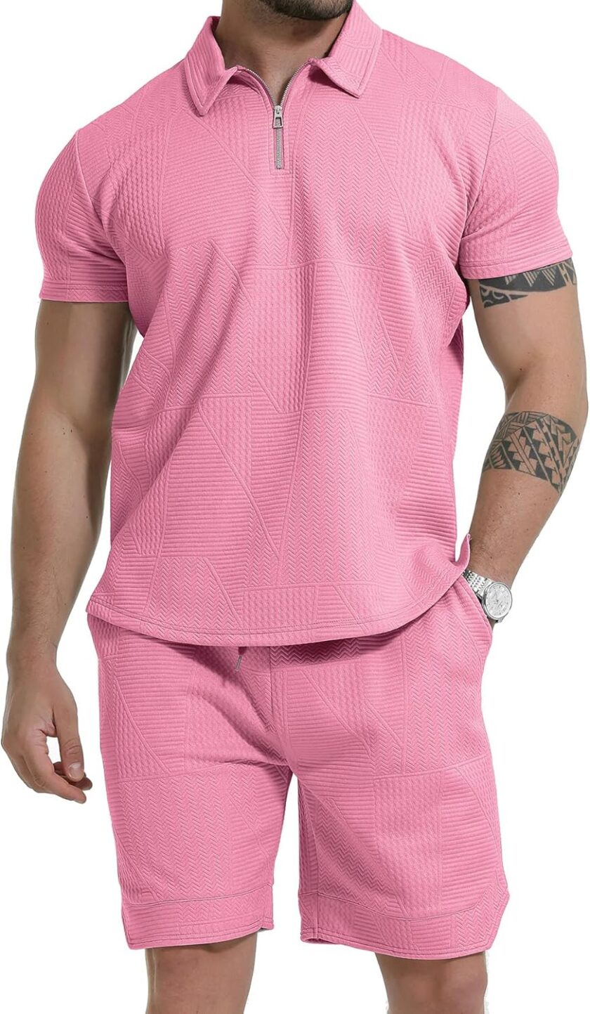 Men's 2 Piece Short Sets Outfits Summer Polo Shirts and Shorts Casual Zip Short Sleeve Fashion Shorts Tracksuit Set