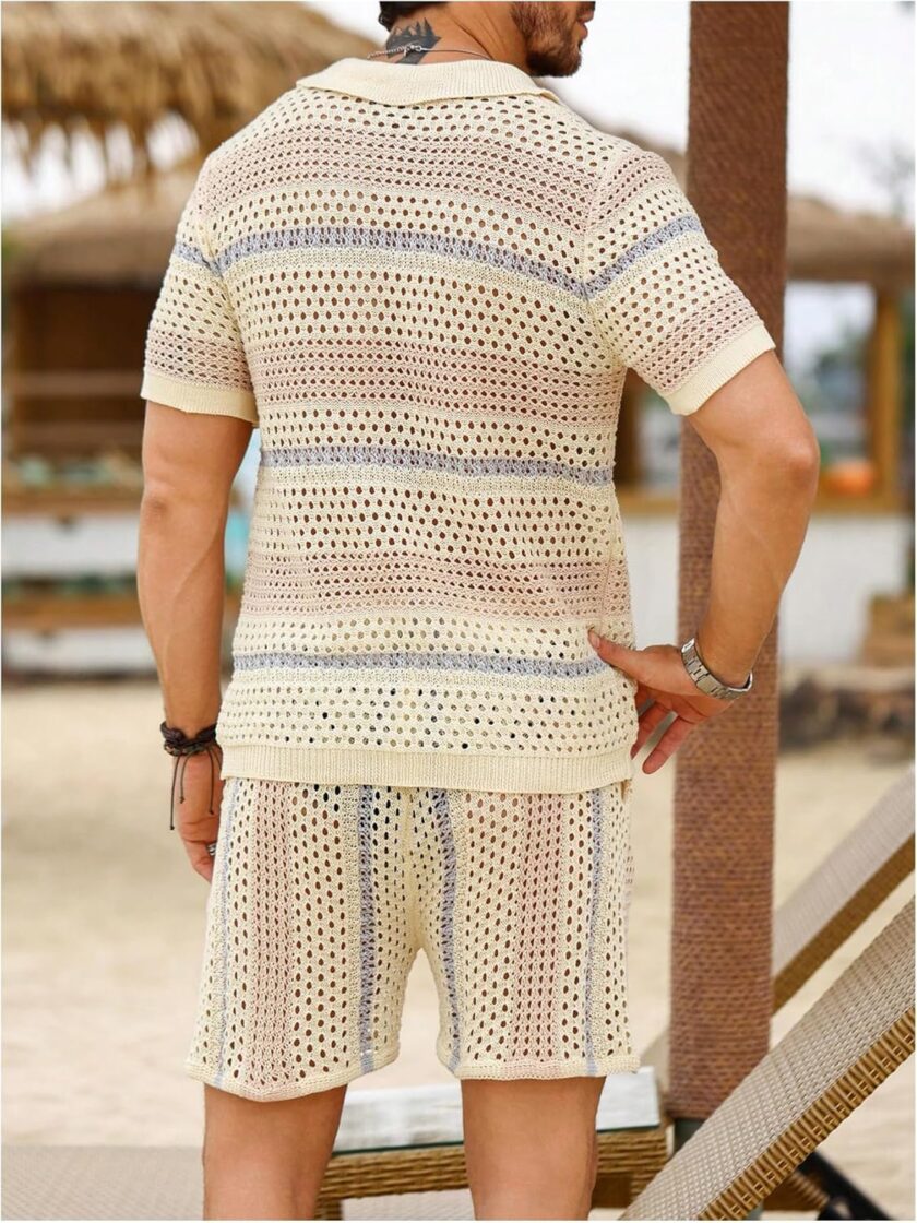 Men's Knitted 2 Piece Outfitd Short Sleeve Hollow Out Button Up Shirt and Shorts Set - Image 2