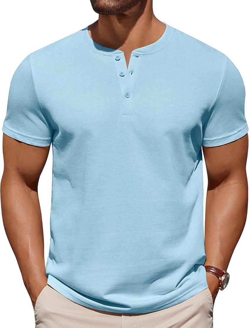 Mens Cotton Henley T-Shirts Short Sleeve Button Casual Basic Tees Work Shirts with Split Side