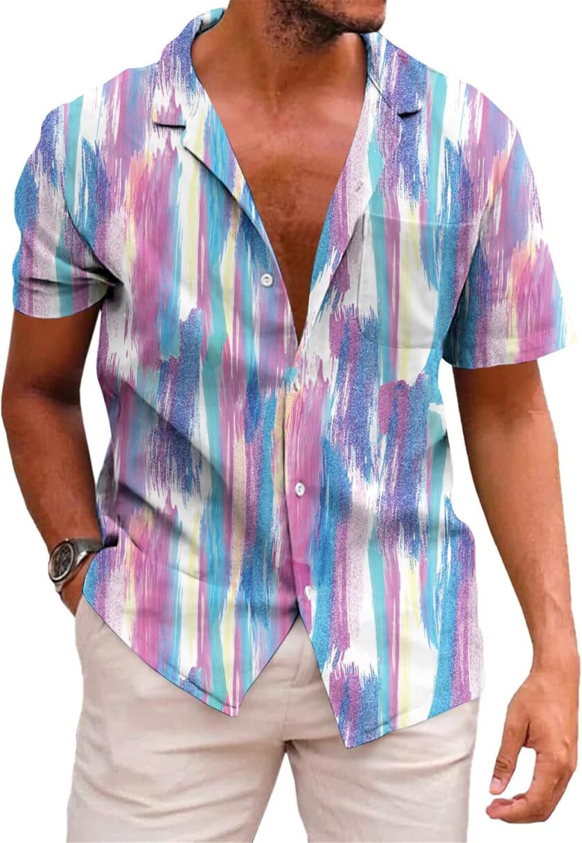 Hawaiian Shirt for Men Short Sleeve Button Down Summer Clothing Vacation Beach Shirts Stripe with Pockets