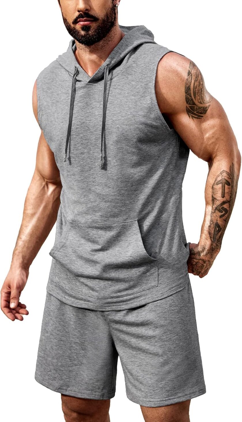 Men's Workout Hooded Tank Tops Sleeveless Gym Shirt Sweat Shorts Hoodie Set 2 Piece Outfits Jogging Suits