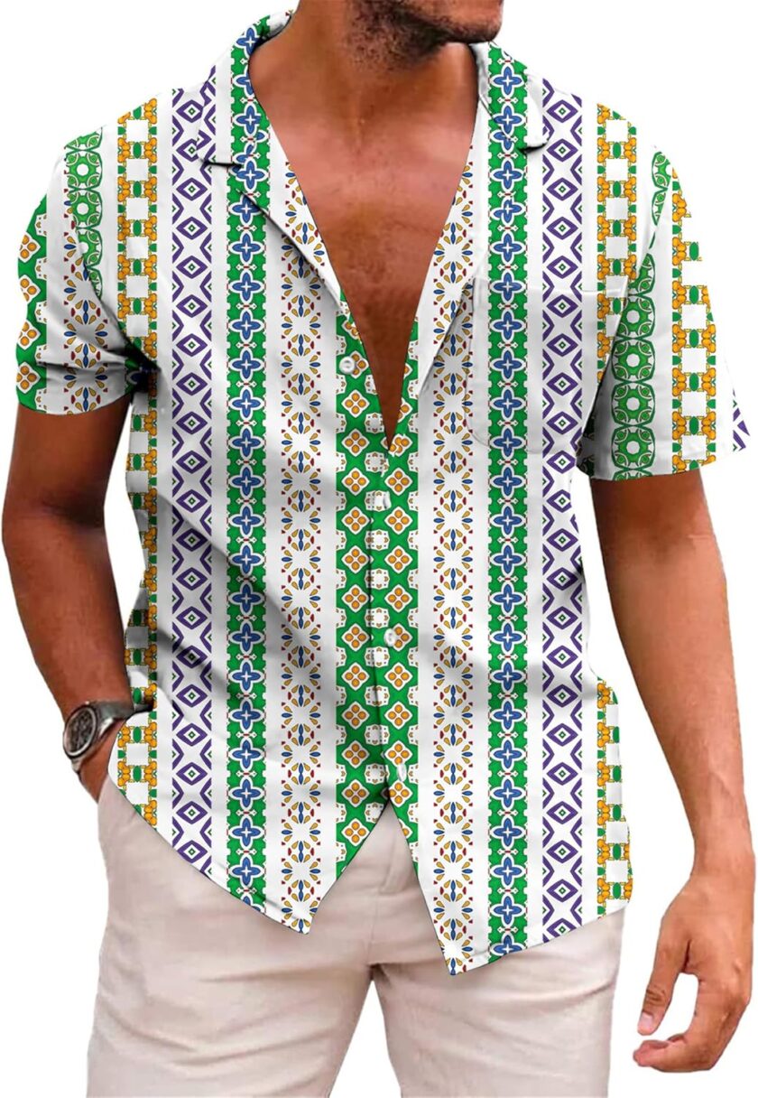 Hawaiian Shirt for Men Short Sleeve Button Down Summer Clothing Vacation Beach Shirts Stripe with Pockets